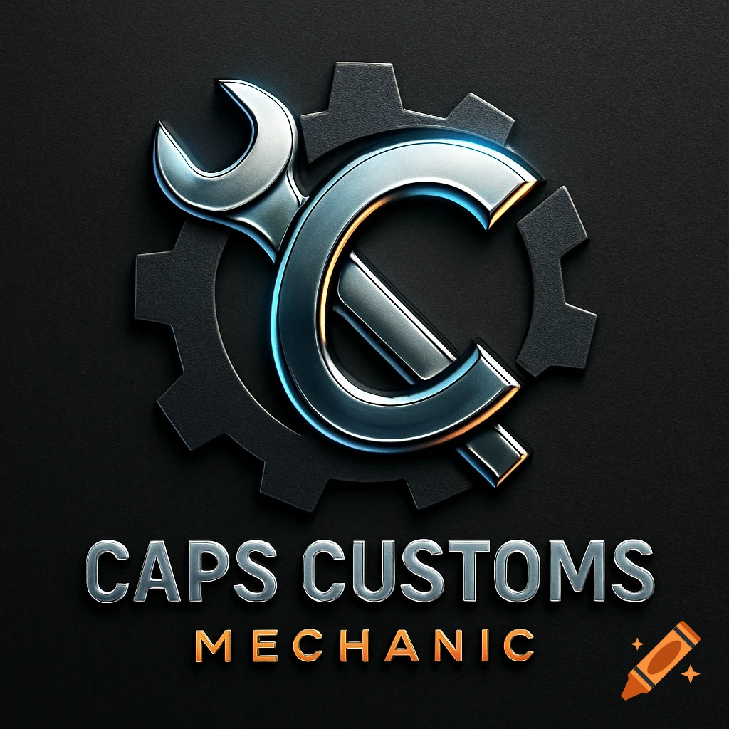 3D metallic logo for Caps Customs Mechanic, featuring a wrench, a stylized 'C', and a gear on a dark background.