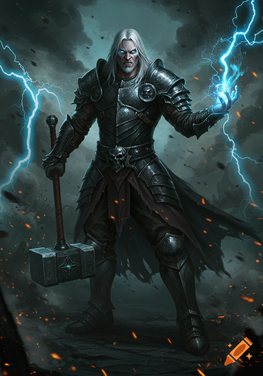 A fierce, grey-haired warrior in dark armor holds a hammer, with blue lightning crackling around his other hand in a stormy fantasy scene.