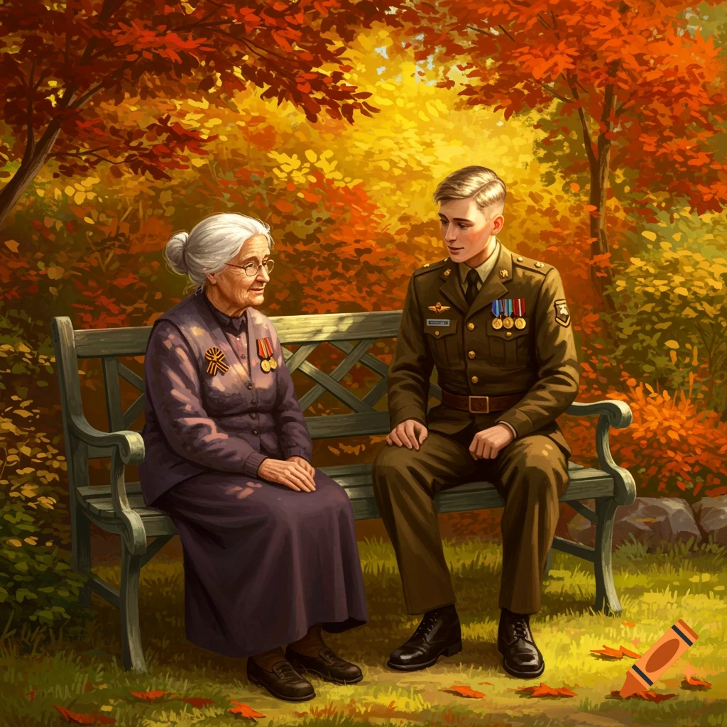 An old woman and a soldier sit on a park bench in autumn.