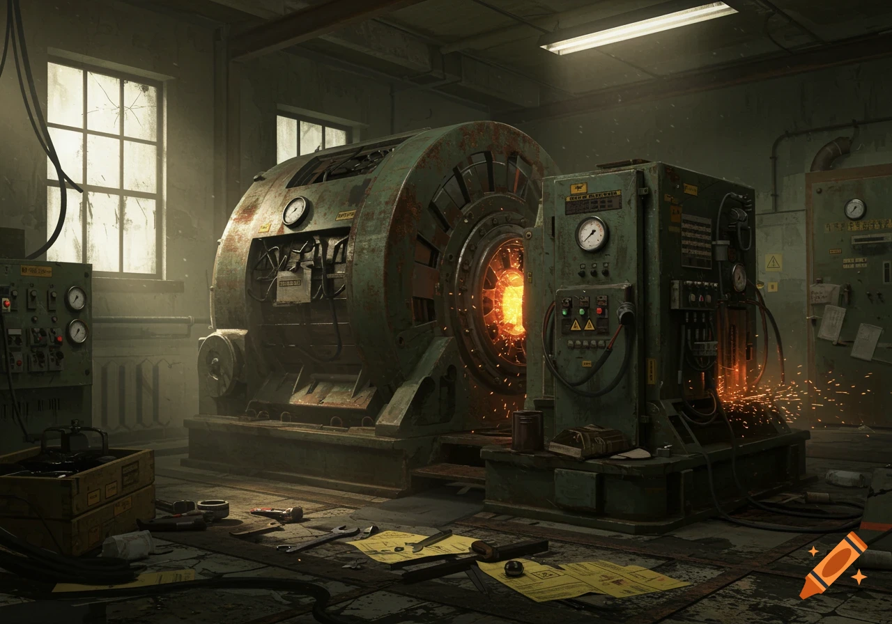 A large, old industrial generator with a glowing core and sparks, situated in a grimy, abandoned factory room with broken windows and tools scattered on the floor.