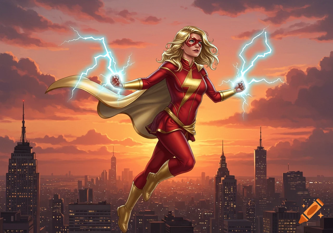 A blonde female superhero in a red suit with a gold lightning bolt emblem flies above a cityscape at sunset, generating lightning from her fists.