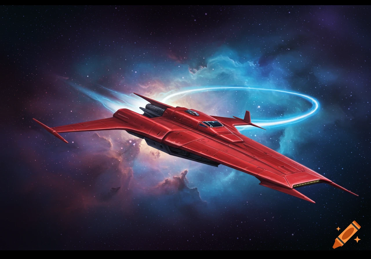 A sleek red spaceship flies through a starry nebula with a bright blue light trail behind it.