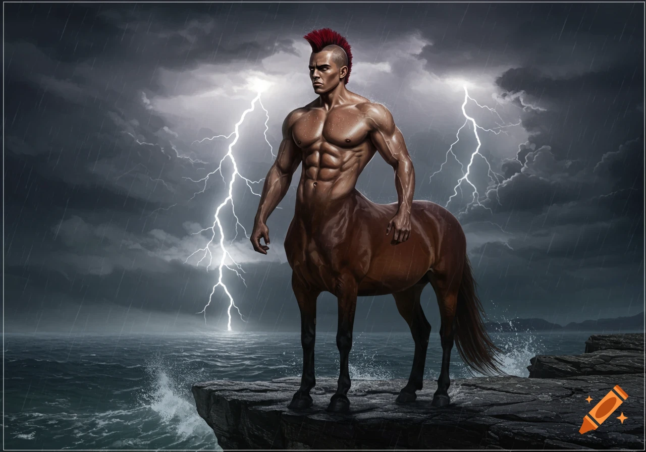 A muscular male centaur with a red mohawk stands on a rocky cliff overlooking a stormy ocean, with lightning striking in the dark sky.