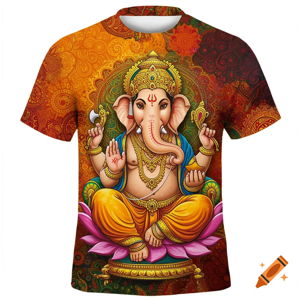 A colorful T-shirt features a vibrant print of Lord Ganesha meditating on a lotus, surrounded by intricate traditional Indian patterns in warm colors.