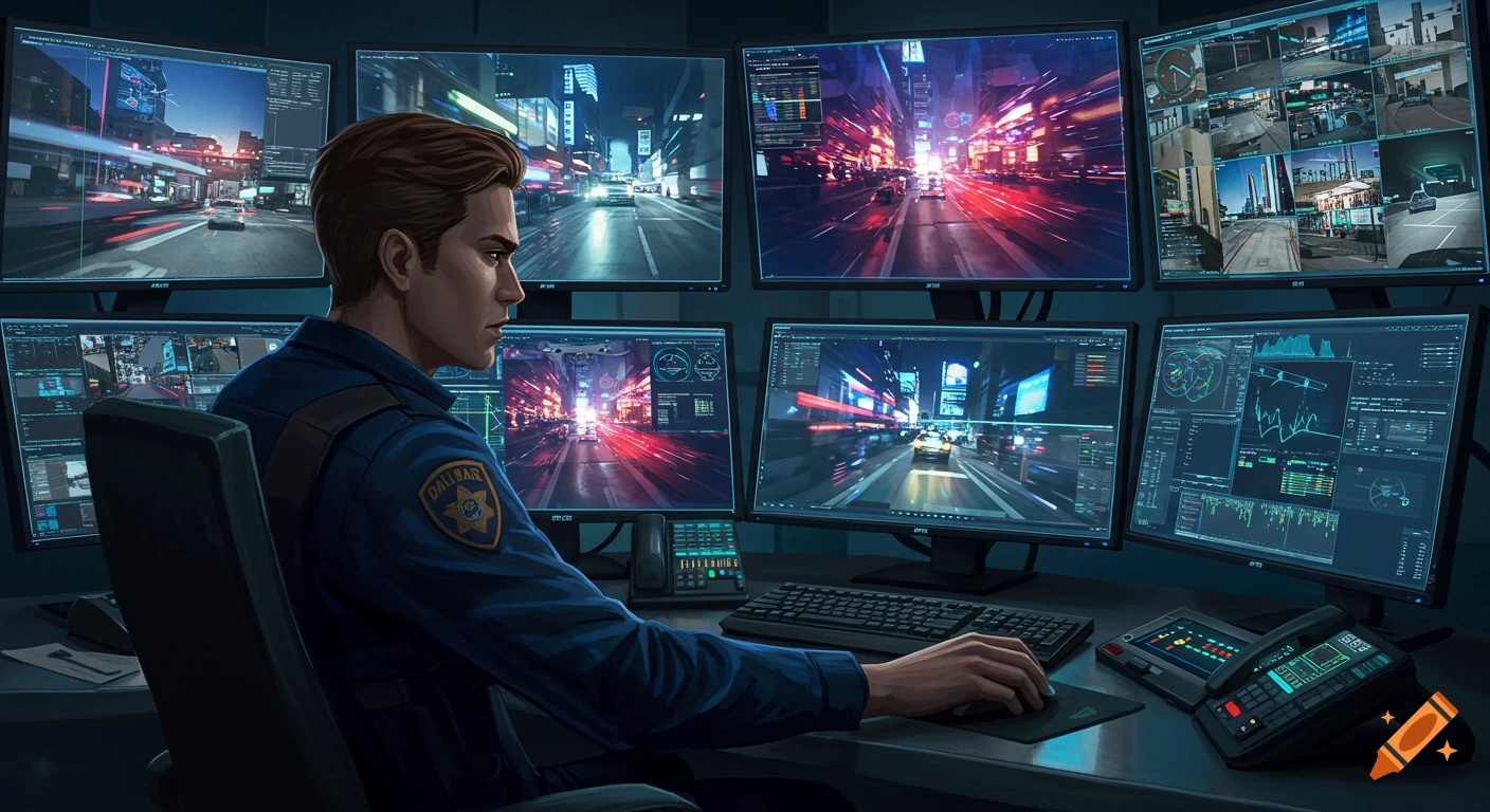 A man in a police uniform sits at a desk, monitoring multiple computer screens showing cityscapes, surveillance feeds, and data in an anime art style.