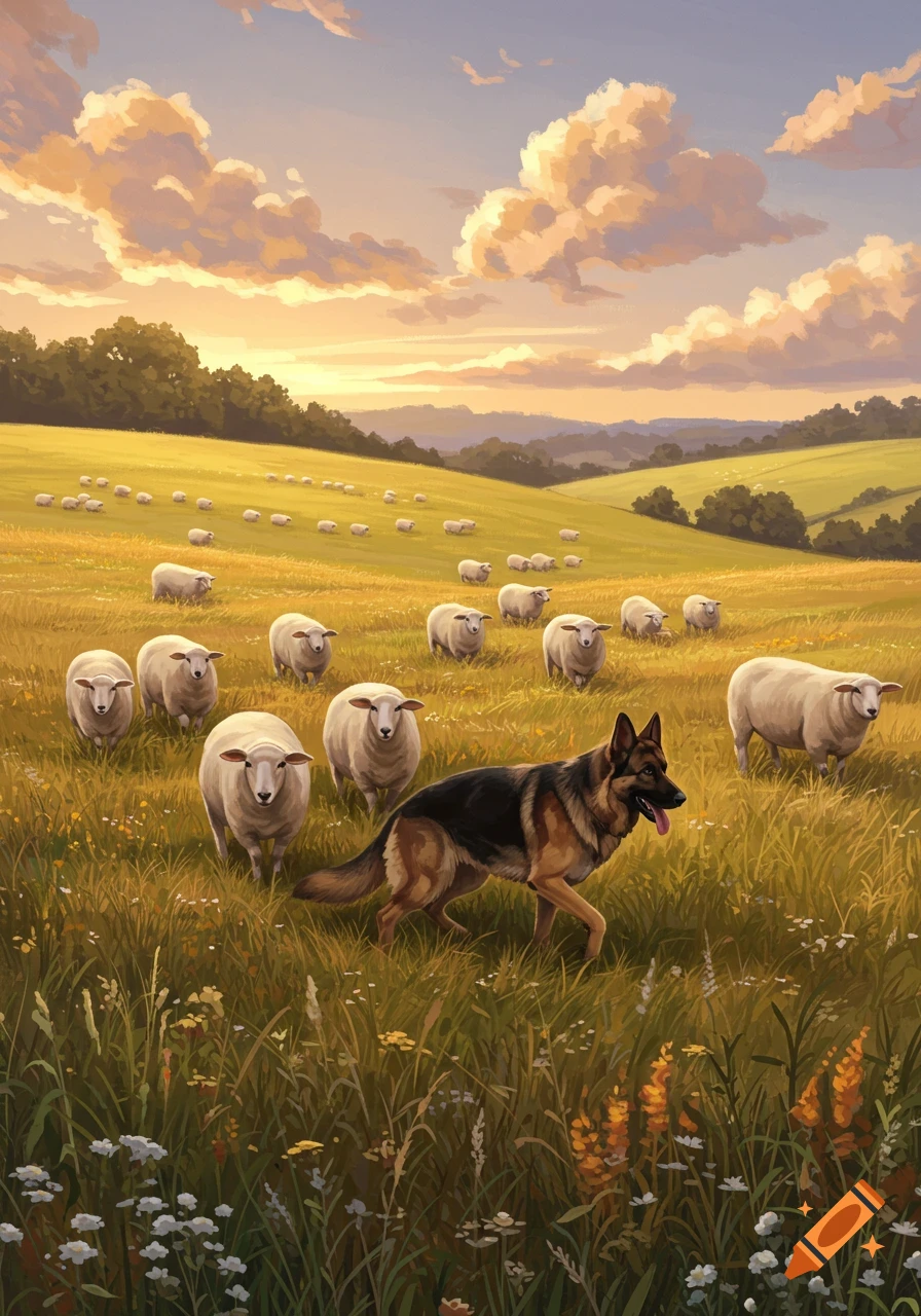 A German Shepherd dog herds a flock of sheep across a golden field at sunset.