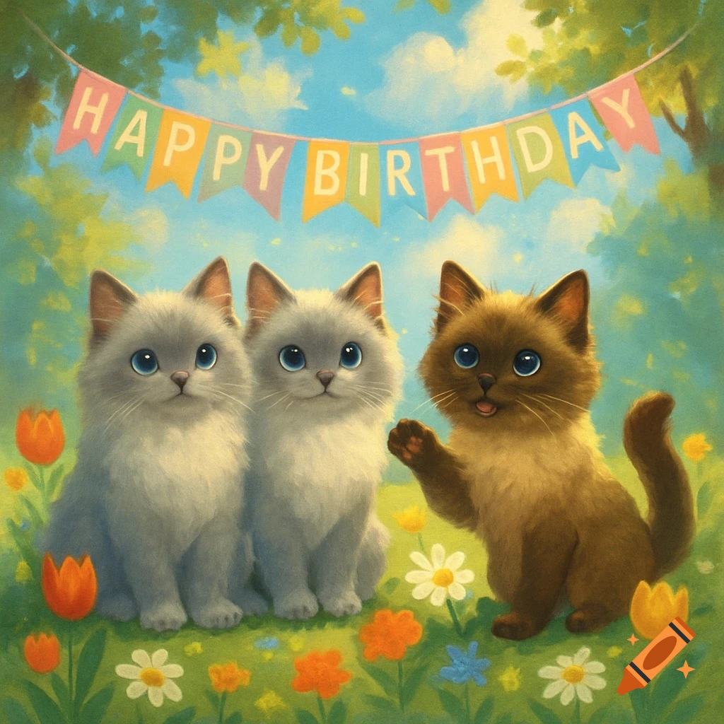 Three fluffy kittens, two grey and one brown, sit in a field of flowers under a 'HAPPY BIRTHDAY' banner in an illustrated style.