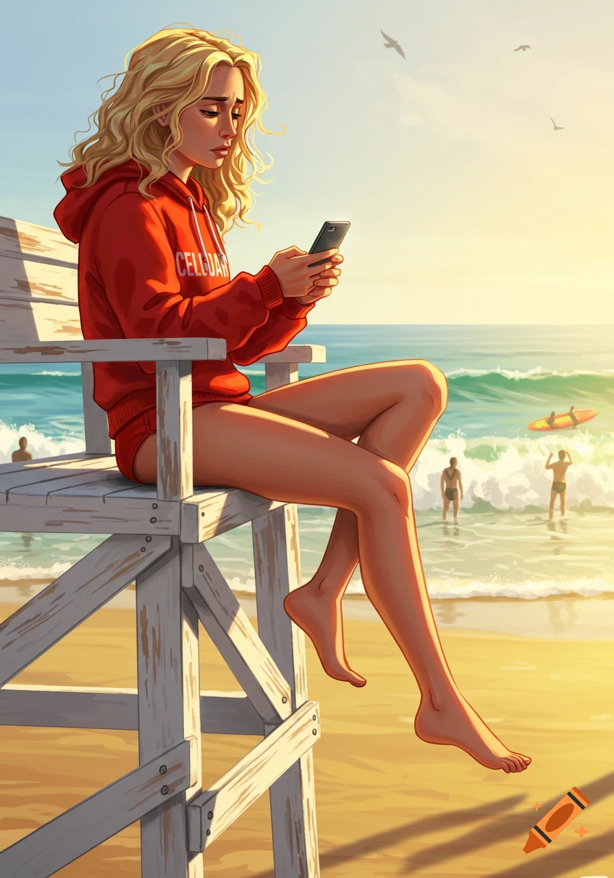 Digital painting of a blonde lifeguard on a beach, engrossed in her phone on a sunny day.