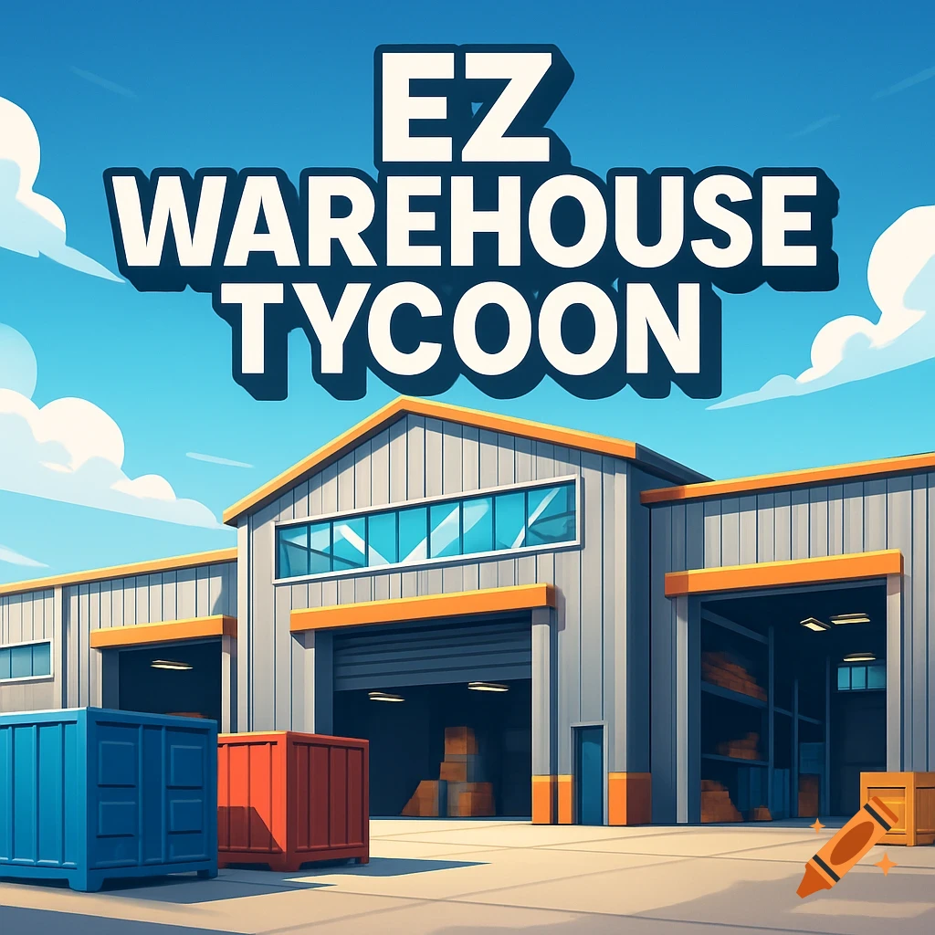 Cartoon illustration of a warehouse with a bright blue sky and white clouds, featuring the text 'EZ WAREHOUSE TYCOON'.