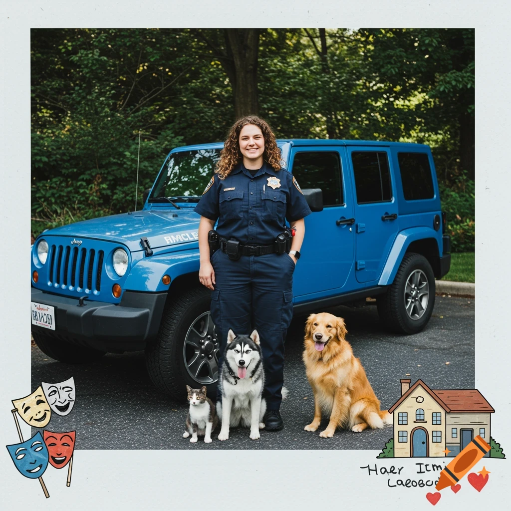 A smiling woman in an EMS uniform stands beside a blue Jeep with a husky, a golden retriever, and a cat at her feet. Drawn masks, a house, and hearts are in the corners.