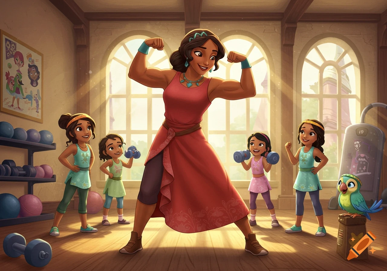 A cartoon mother flexes her biceps in a gym while her daughters pose with small dumbbells and a parrot sits on a block.