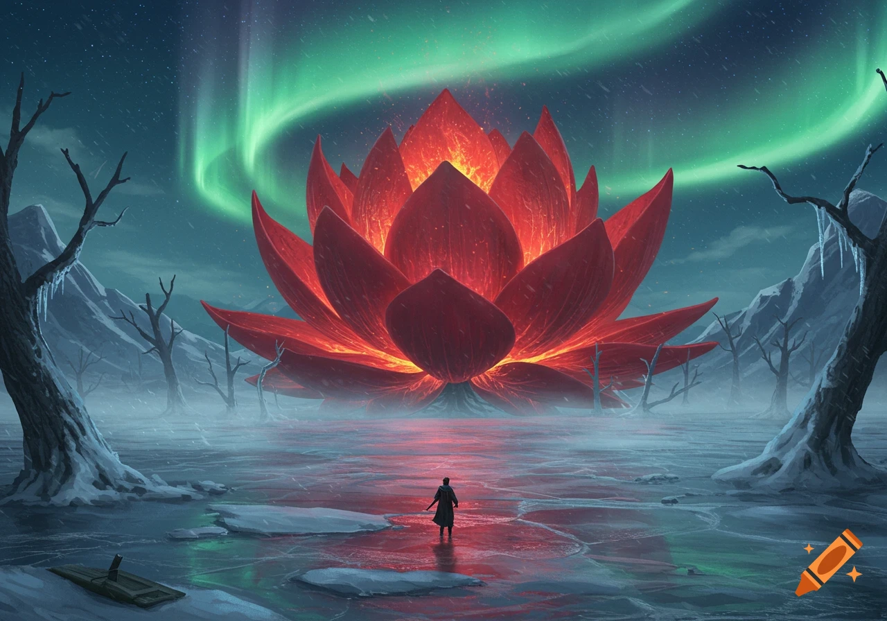 A radiant red lotus glows in a frozen, desolate landscape under green aurora, with a lone figure standing on ice.