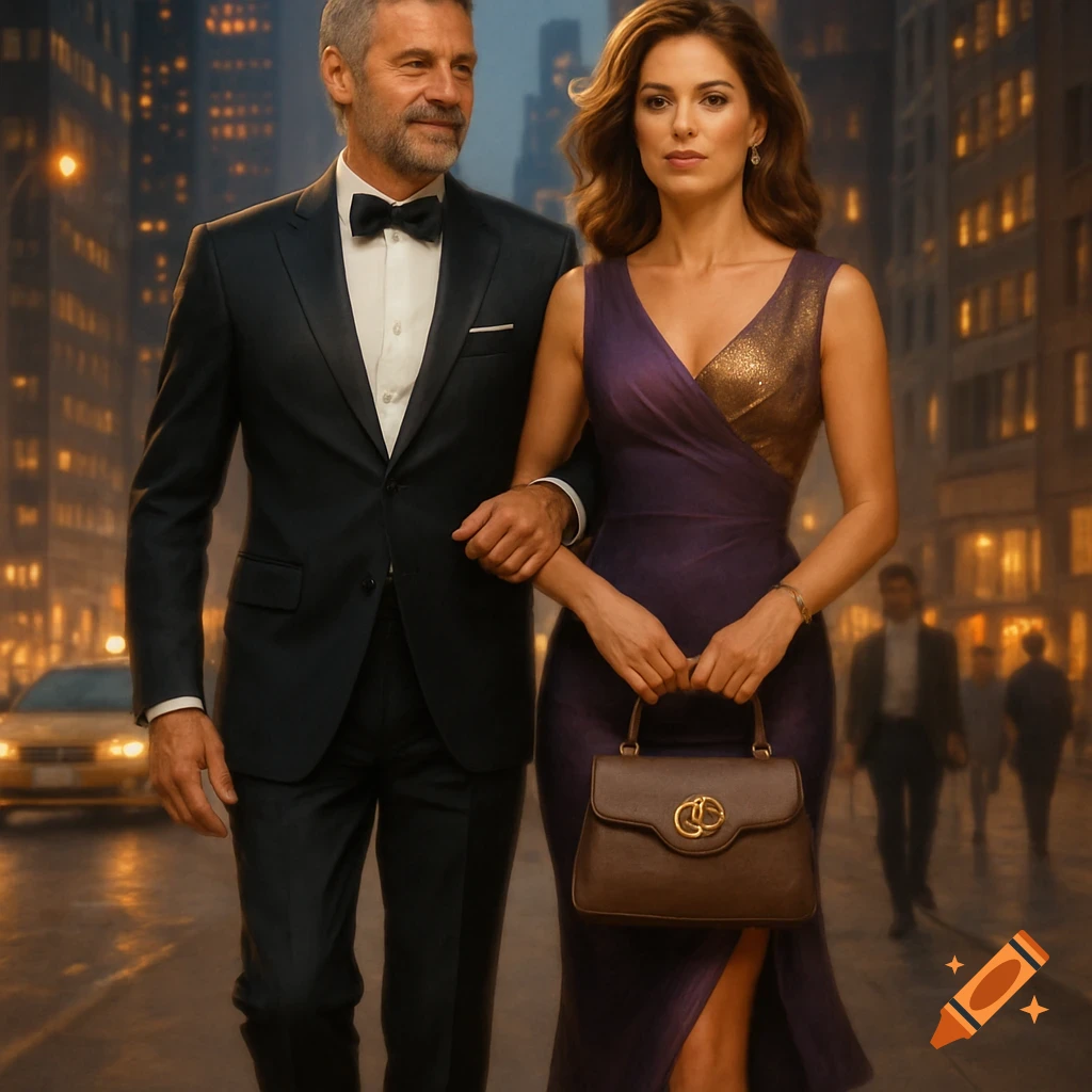 A man in a tuxedo and a woman in a purple and gold gown walk arm-in-arm on a city street at night.
