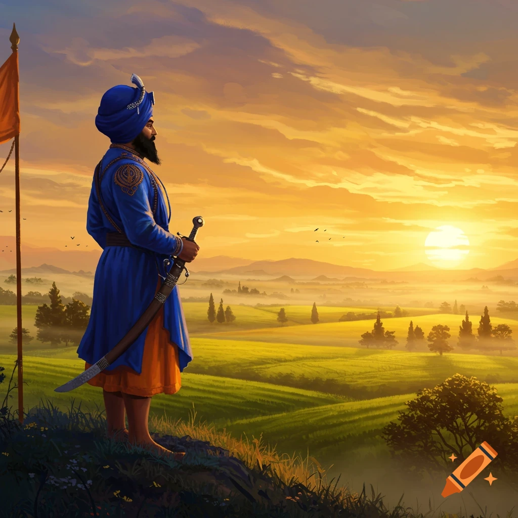 A Sikh warrior in traditional blue attire and turban, holding a sword, stands on a hill overlooking a vibrant green landscape at sunset.