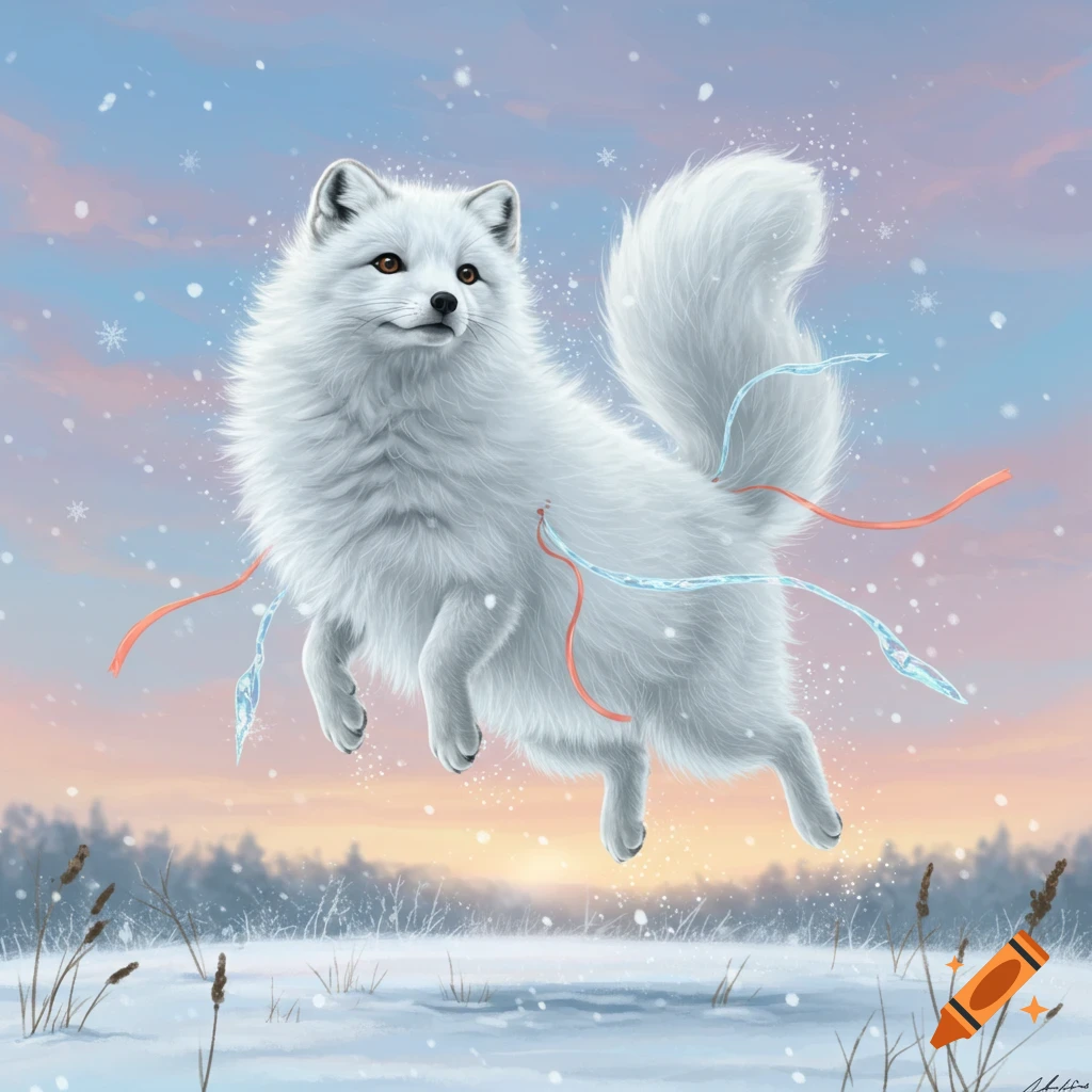 A fluffy white arctic fox floats above a snowy landscape with a light blue and pink sky, surrounded by magical ribbons and ice shards.