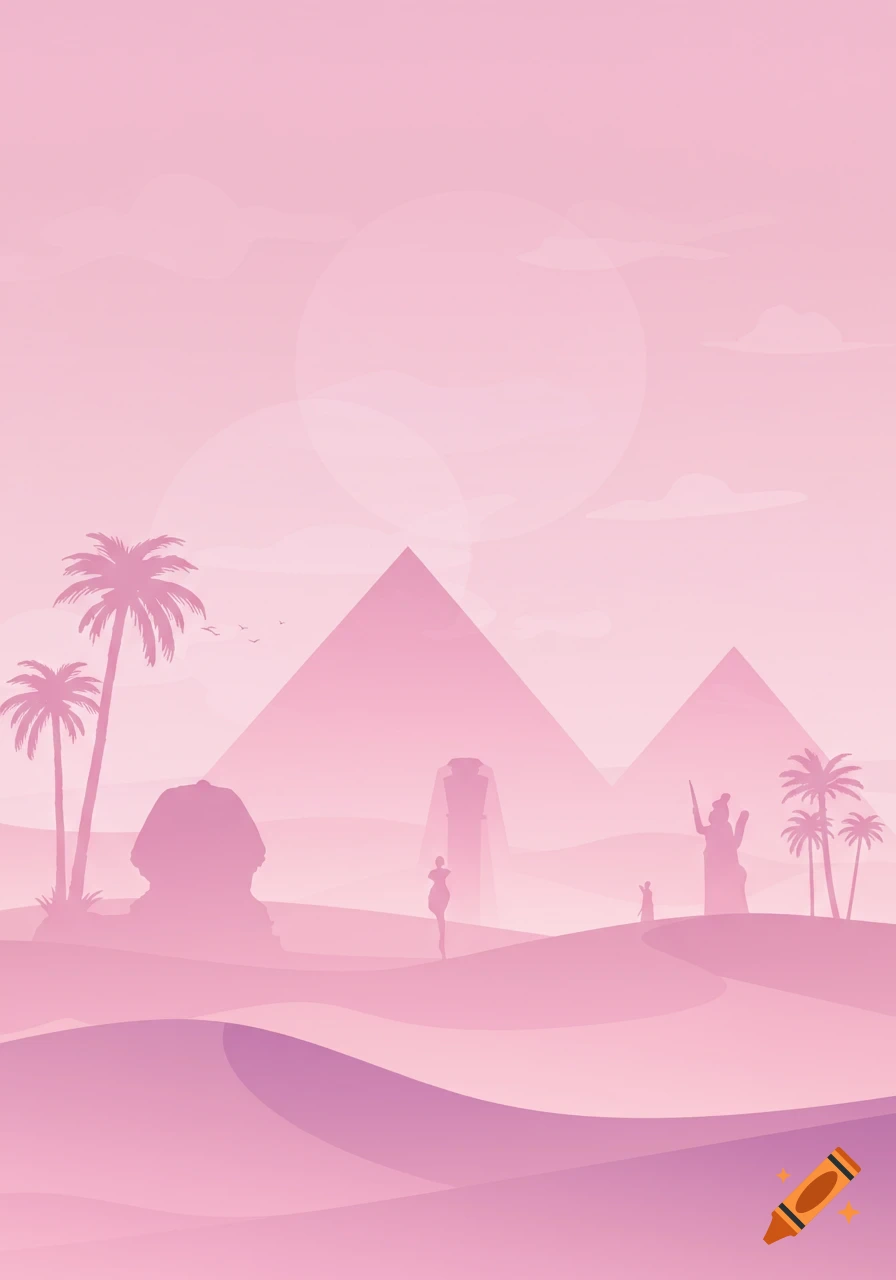 A simplistic, semi-monochromatic abstract illustration of an Egyptian desert landscape with pyramids, a sphinx, palm trees, and silhouetted figures in shades of pink and lavender.