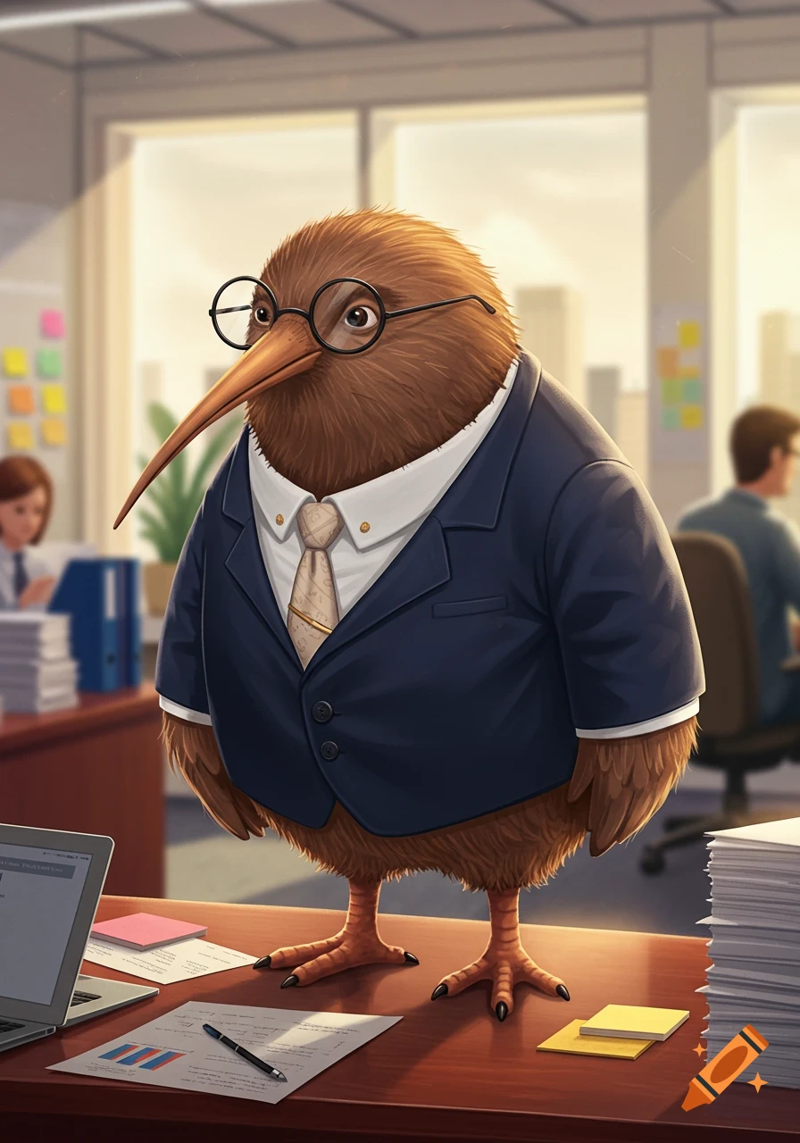 A cartoon kiwi bird wearing a business suit and glasses stands on a desk in a sunny office.