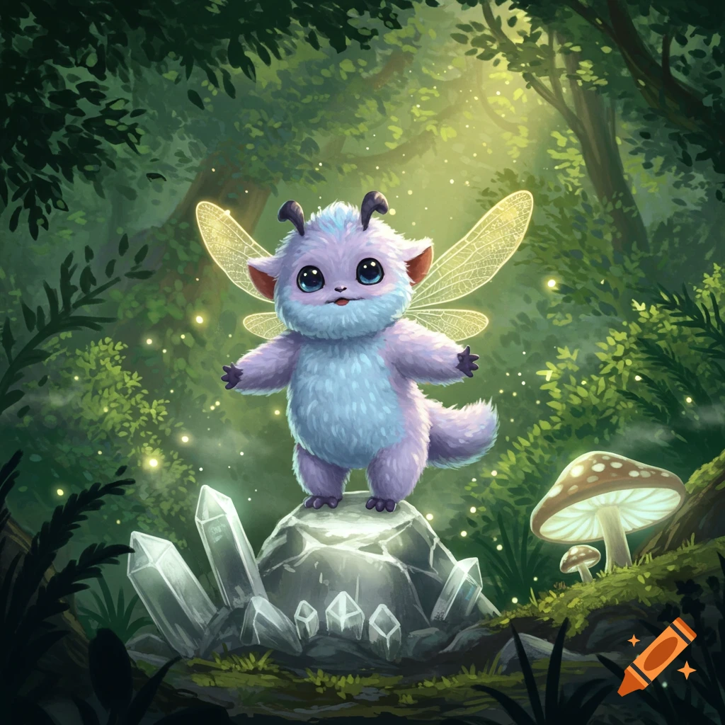 A cute, furry purple and blue fairy creature with large blue eyes stands on a crystal-covered rock in a mystical forest with fireflies.
