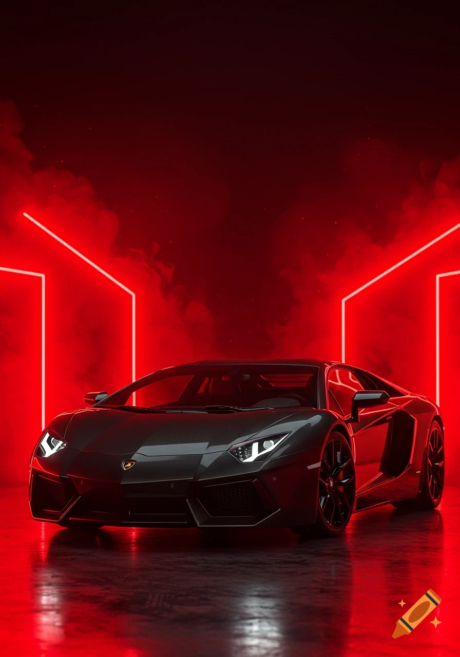 A sleek black Lamborghini sports car is parked on a reflective surface in a dark, red-lit room with neon lights and smoke.