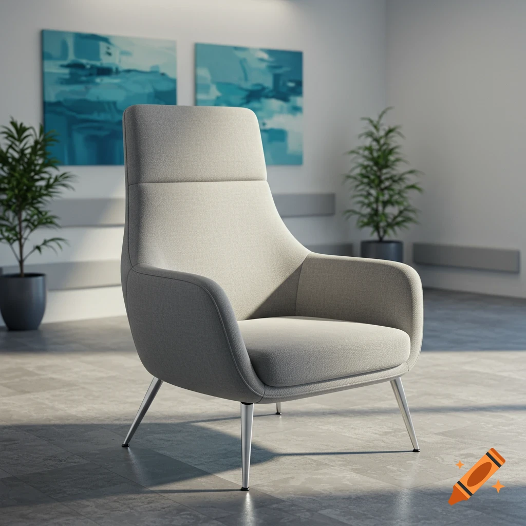 A modern gray armchair with silver legs in a well-lit room with plants and abstract art.