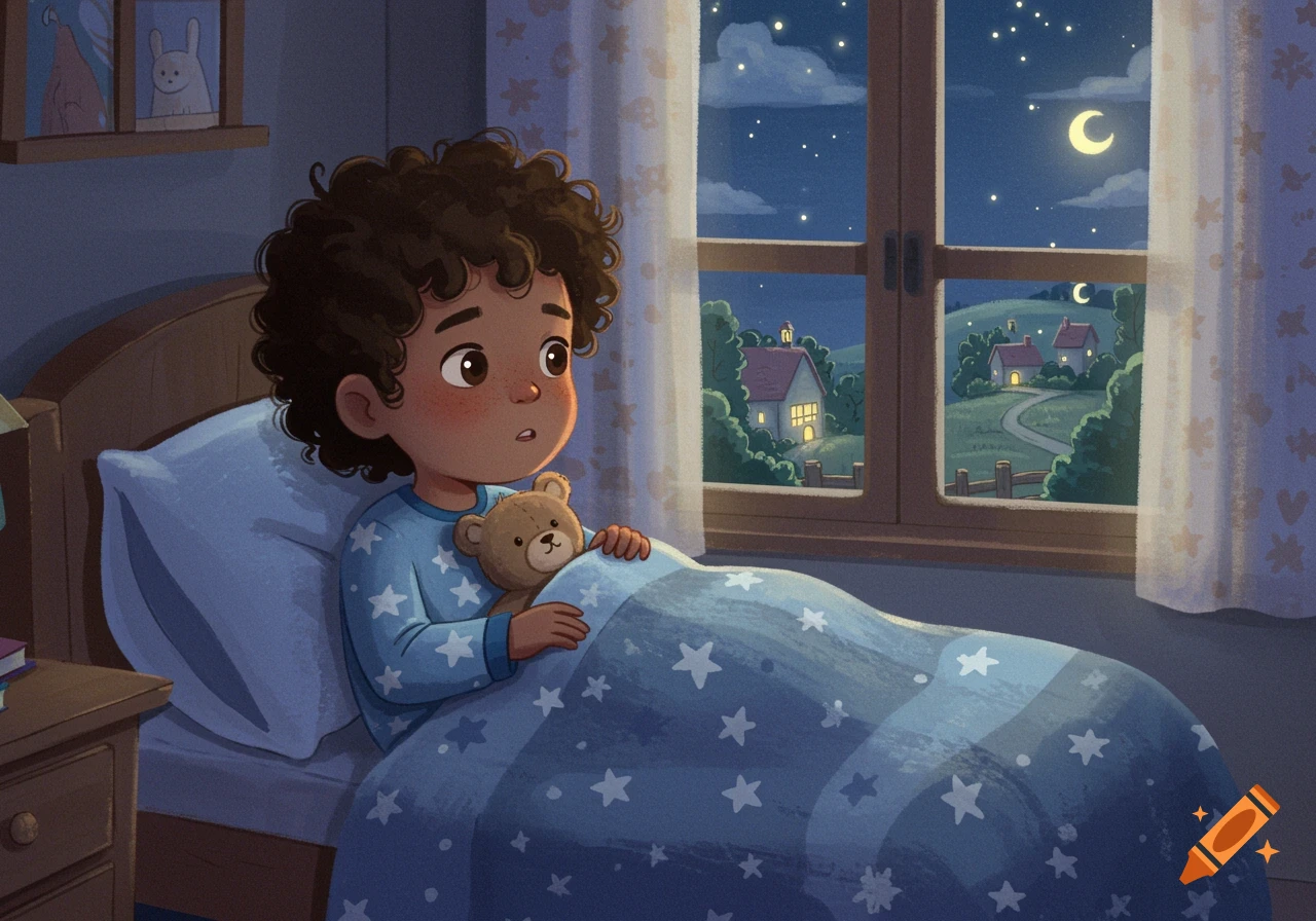 Watercolor illustration of a nervous little boy with curly hair holding a teddy bear in bed, looking out a window at a peaceful, starlit village at night.