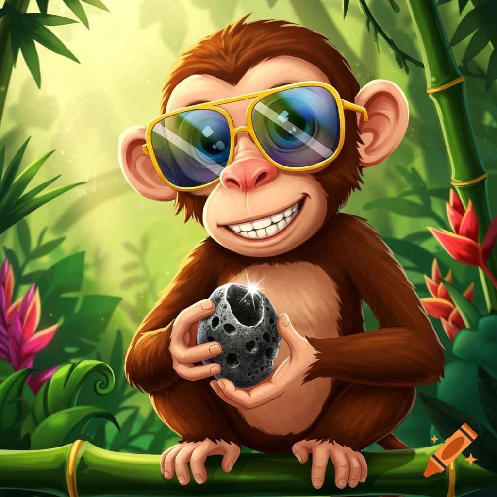 A cartoon monkey wearing sunglasses sits on a bamboo branch, holding a sparkling piece of black volcanic glass in a lush jungle.