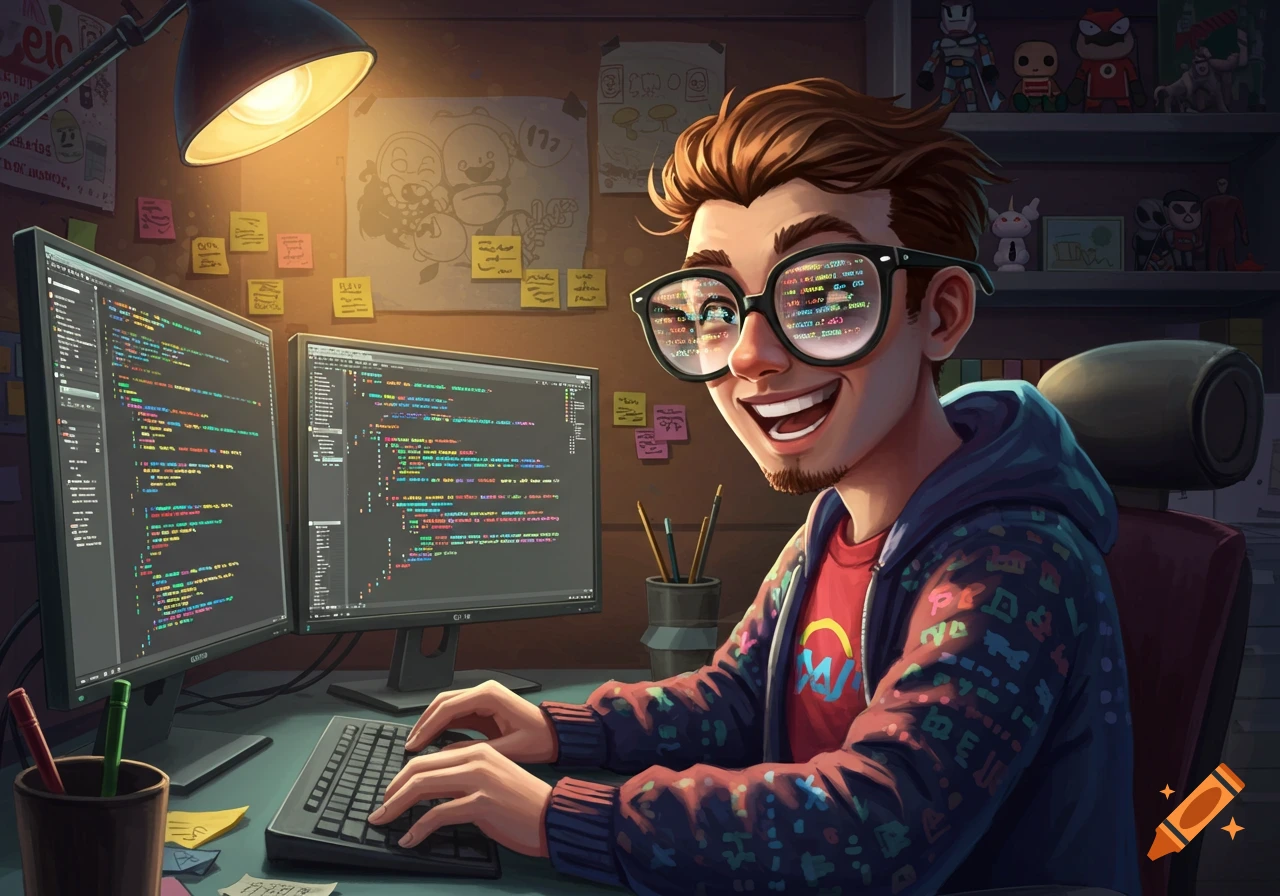 Cartoon of a smiling, red-haired programmer wearing glasses, coding on two monitors in a dimly lit, messy room with superhero figurines.