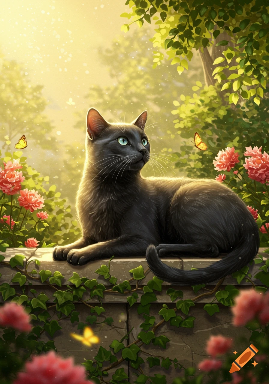 A black cat with green eyes sits on a stone wall, surrounded by pink flowers and green vines in a sunlit garden with butterflies.