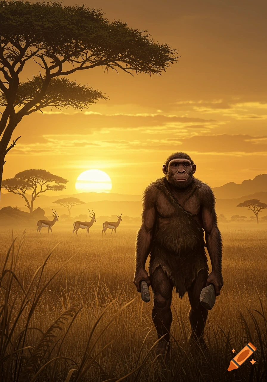 A Homo erectus stands in a golden savanna at sunset, holding stones, with antelopes and acacia trees in the background.