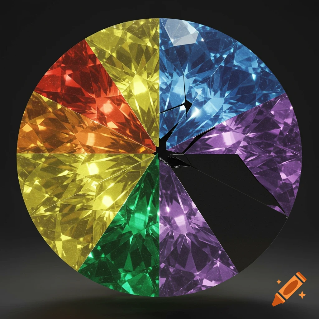 A colorful, faceted circular design resembling a diamond or gemstone, with one section fractured and black.