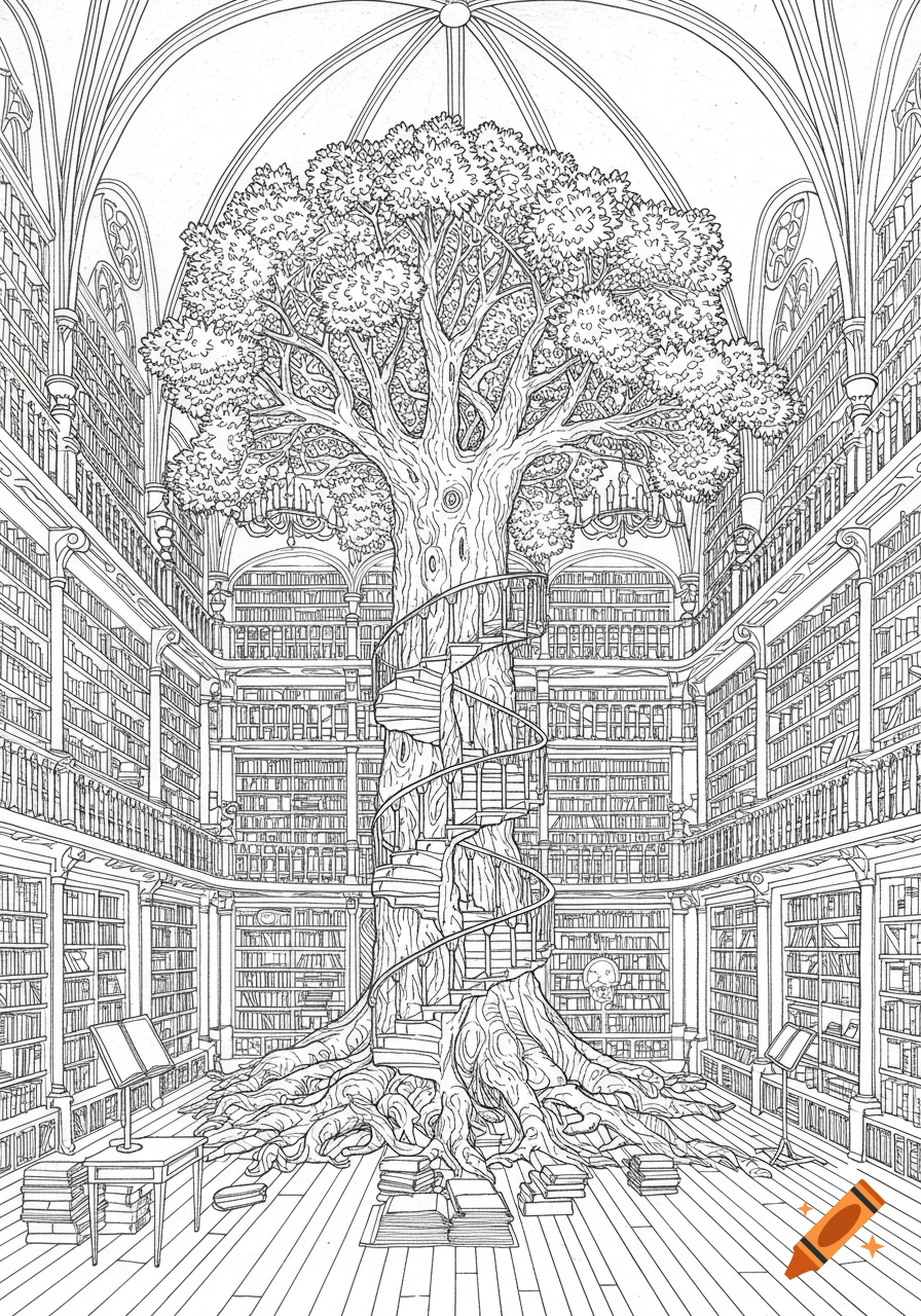 Detailed black and white coloring page of a grand library with a large tree in the center, featuring a spiral staircase wrapped around its trunk.