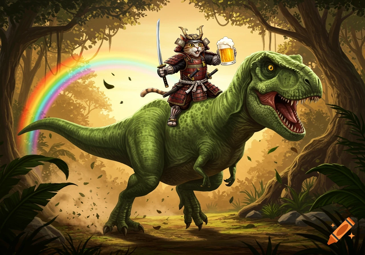 A cartoon samurai cat rides a green T-Rex through a jungle with a rainbow, holding a beer mug.