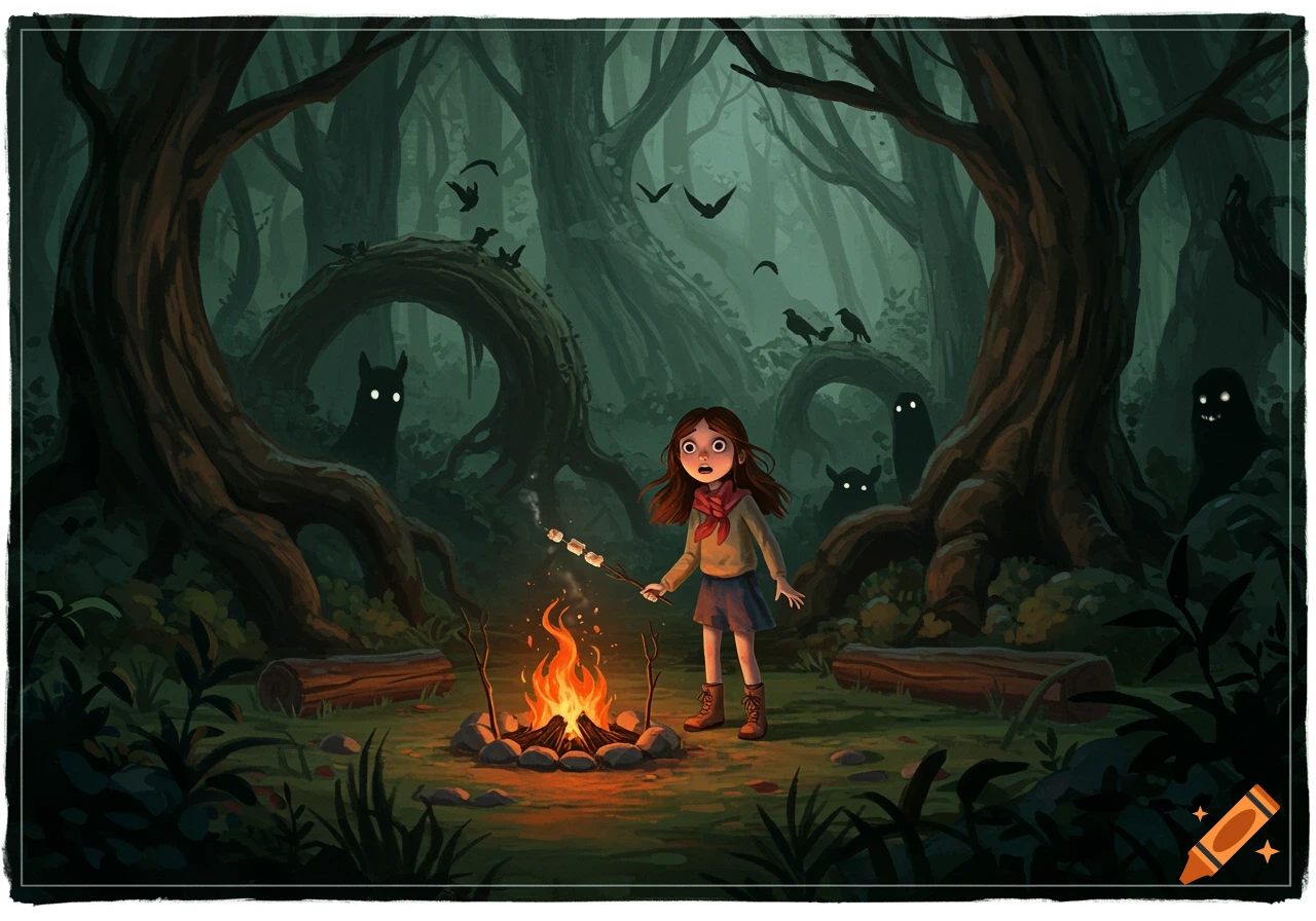 A scared girl roasts marshmallows at a campfire in a dark, stylized forest with shadowy figures and birds.