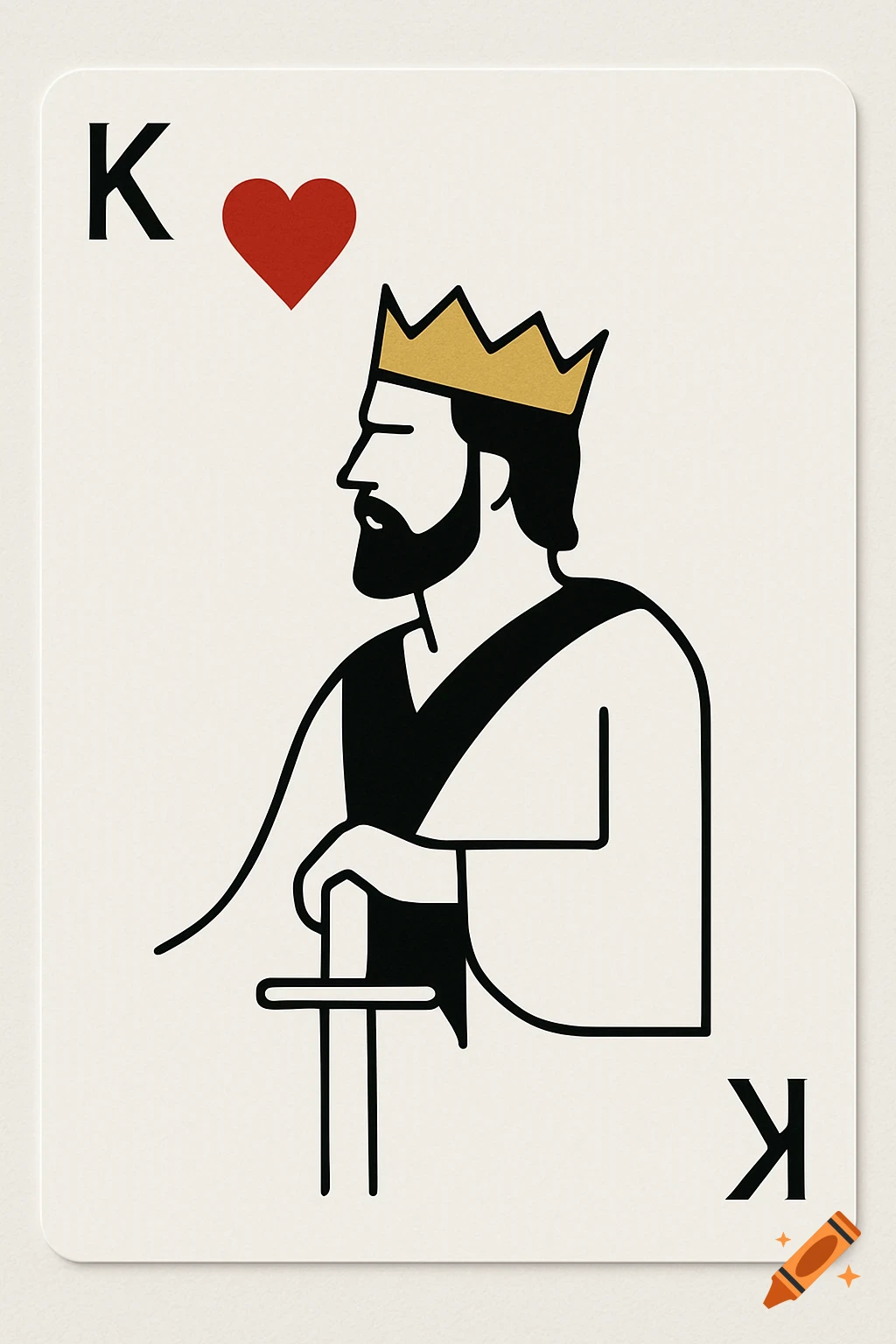 A minimalistic illustration of a King of Hearts playing card, featuring a king's profile, crown, sword, 'K', and red heart.