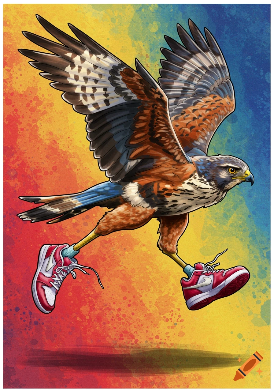 A hawk with widespread wings, wearing red and white sneakers, running against a vibrant watercolor background.