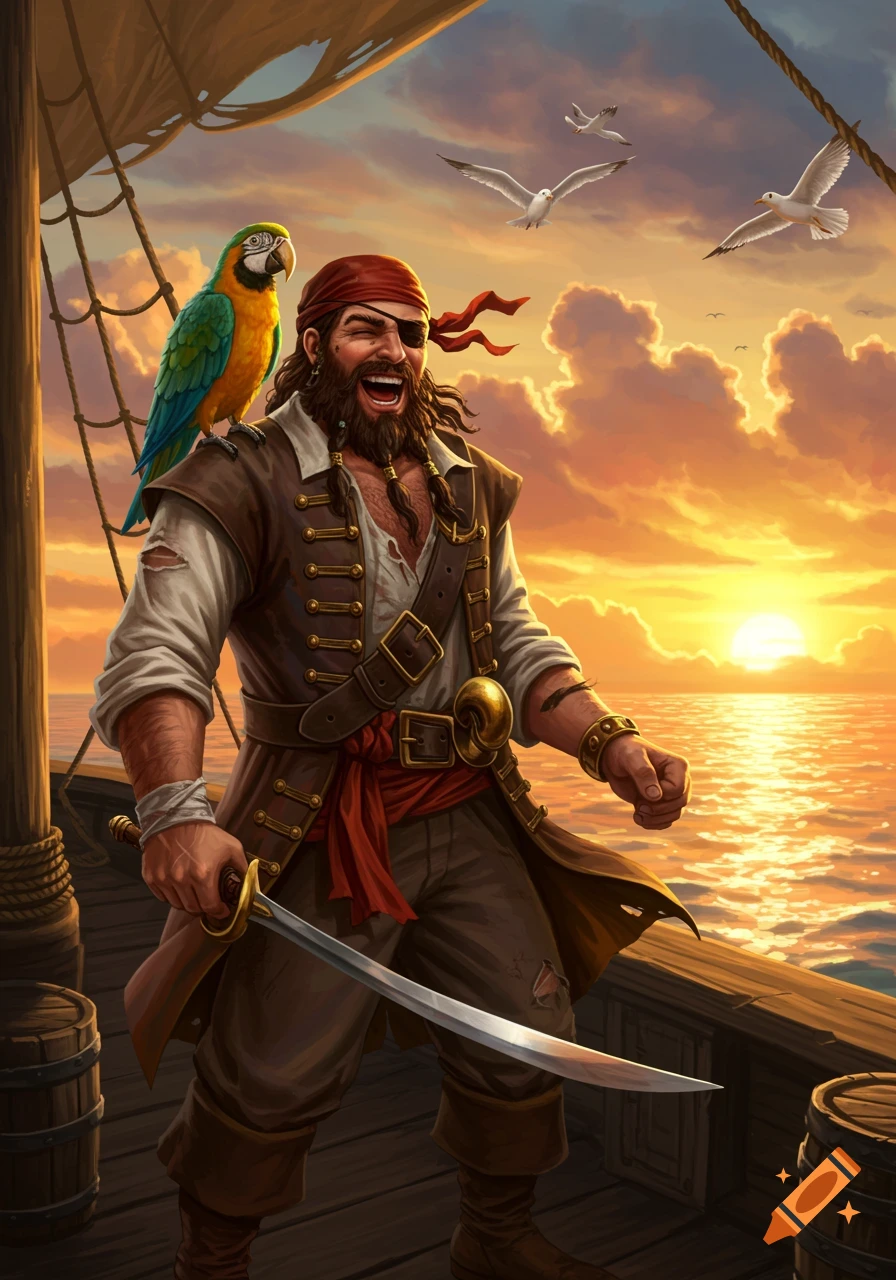 A cheerful pirate with an eyepatch and beard laughs on a ship's deck at sunset, a parrot on his shoulder, holding a sword.