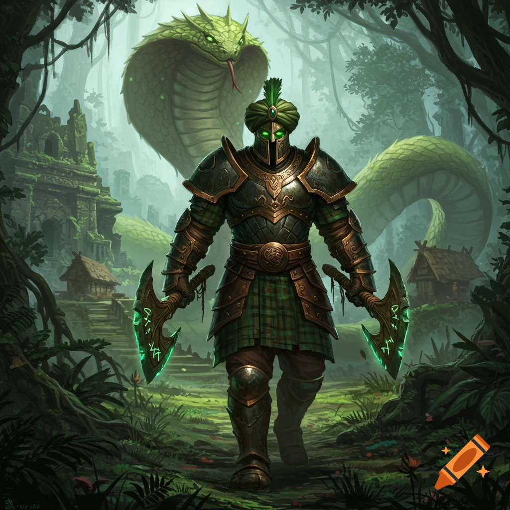 A heavily armored warrior with glowing green eyes and a turban-like helmet stands in a dense jungle with twin glowing axes. A giant green king cobra looms behind him, with ancient temple ruins and huts in the background.
