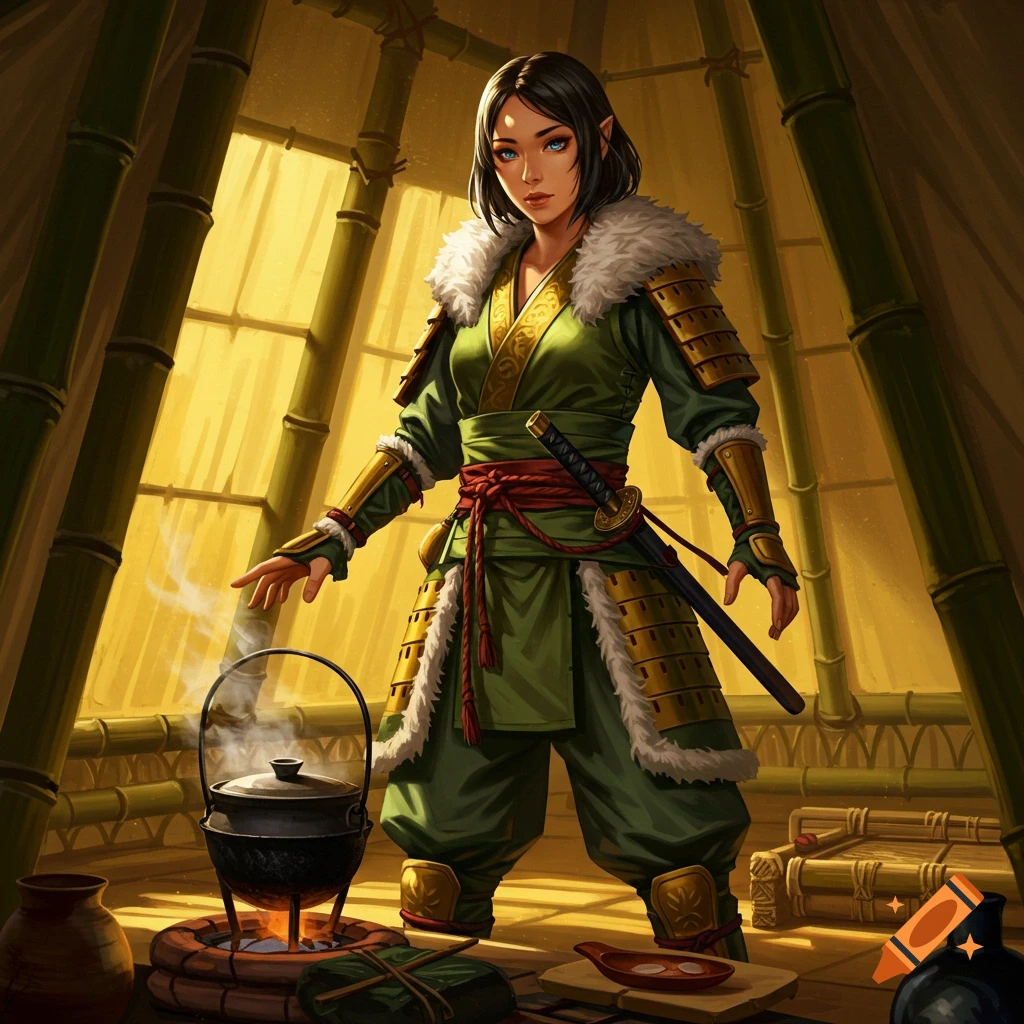 A beautiful female elf in a fur-lined green and gold samurai outfit stands next to a steaming cooking pot inside a bamboo tent.