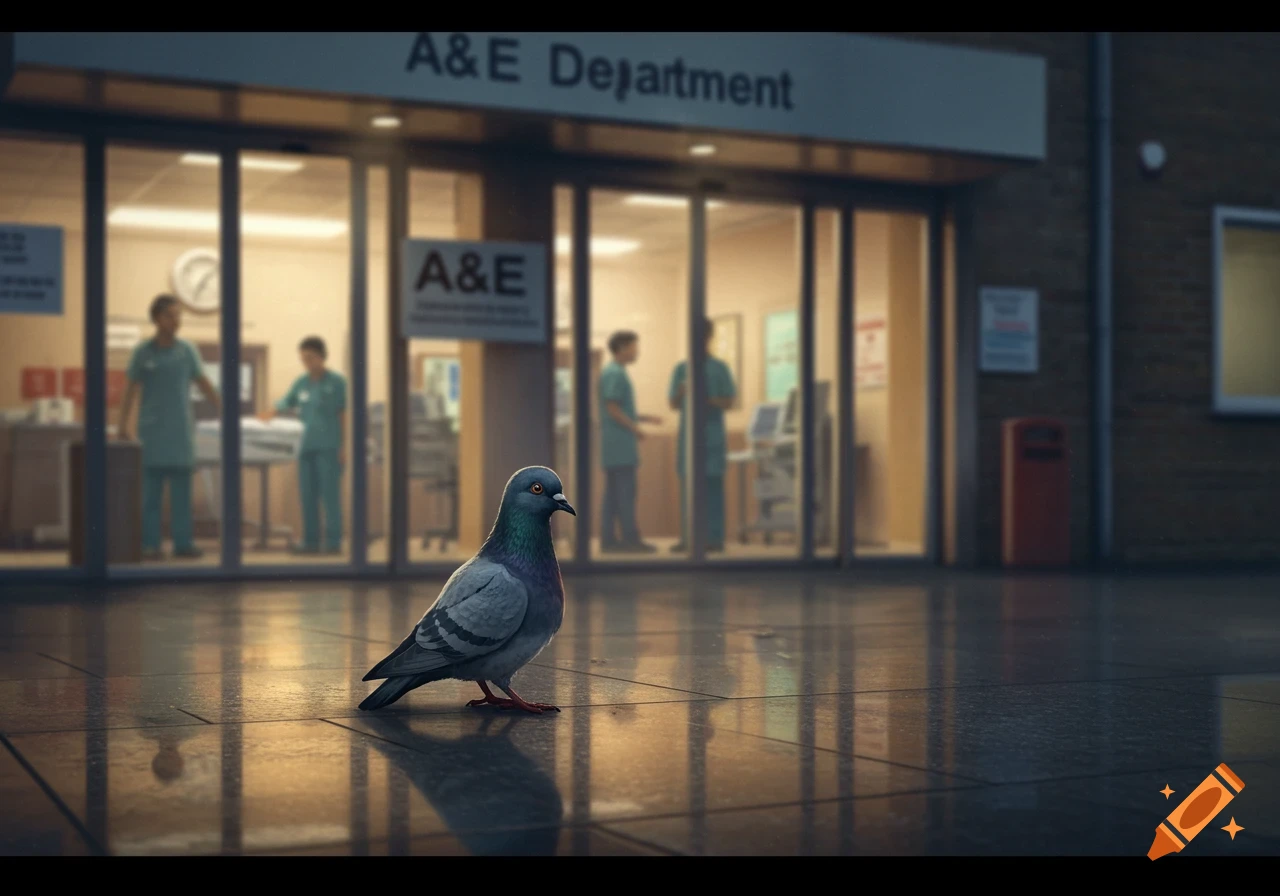 A pigeon stands on a wet pavement outside an A&E Department, with medical staff visible inside.