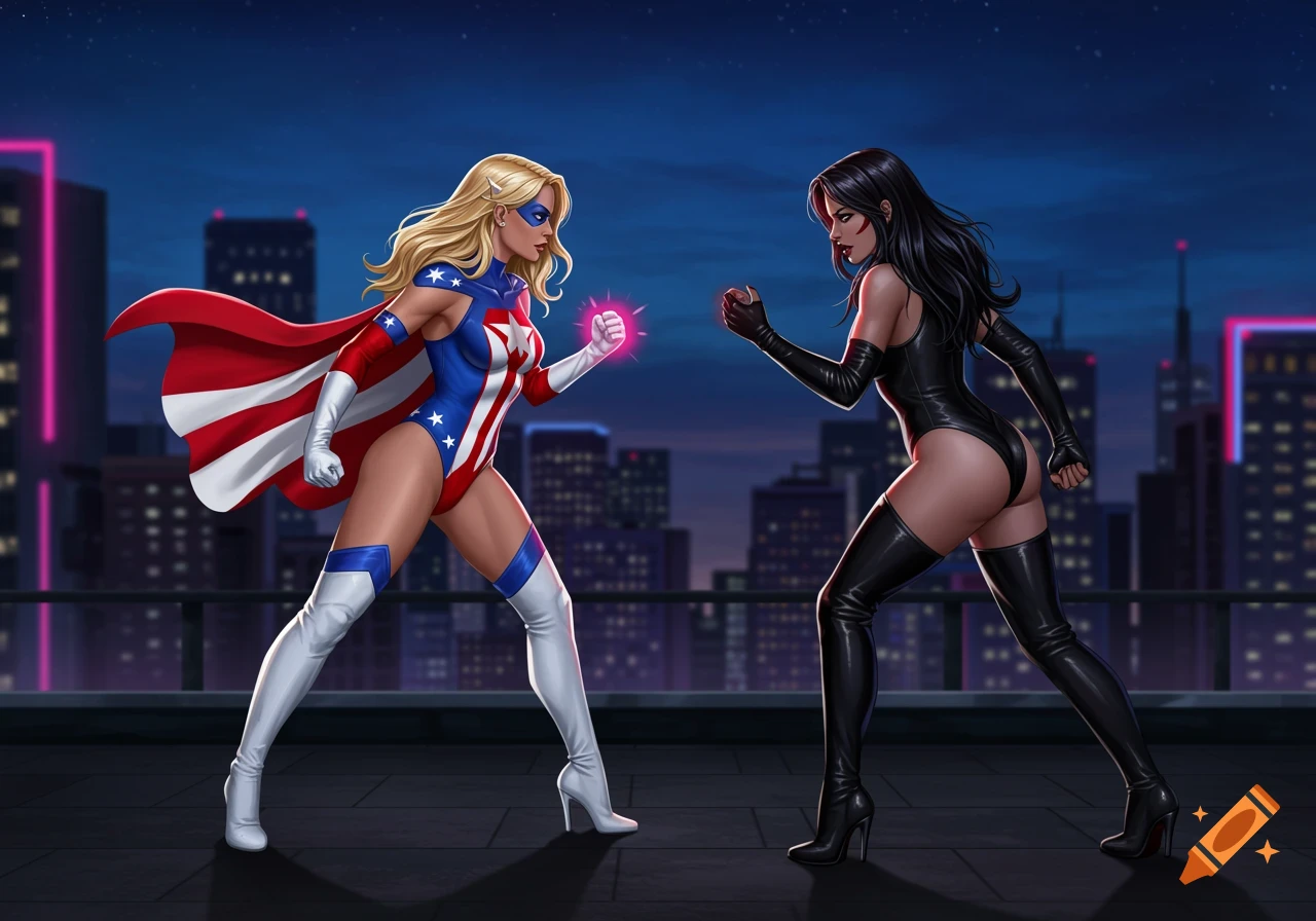 A blonde superheroine in a red, white, and blue costume faces a dark-haired villainess in a black leather outfit on a city rooftop at night.