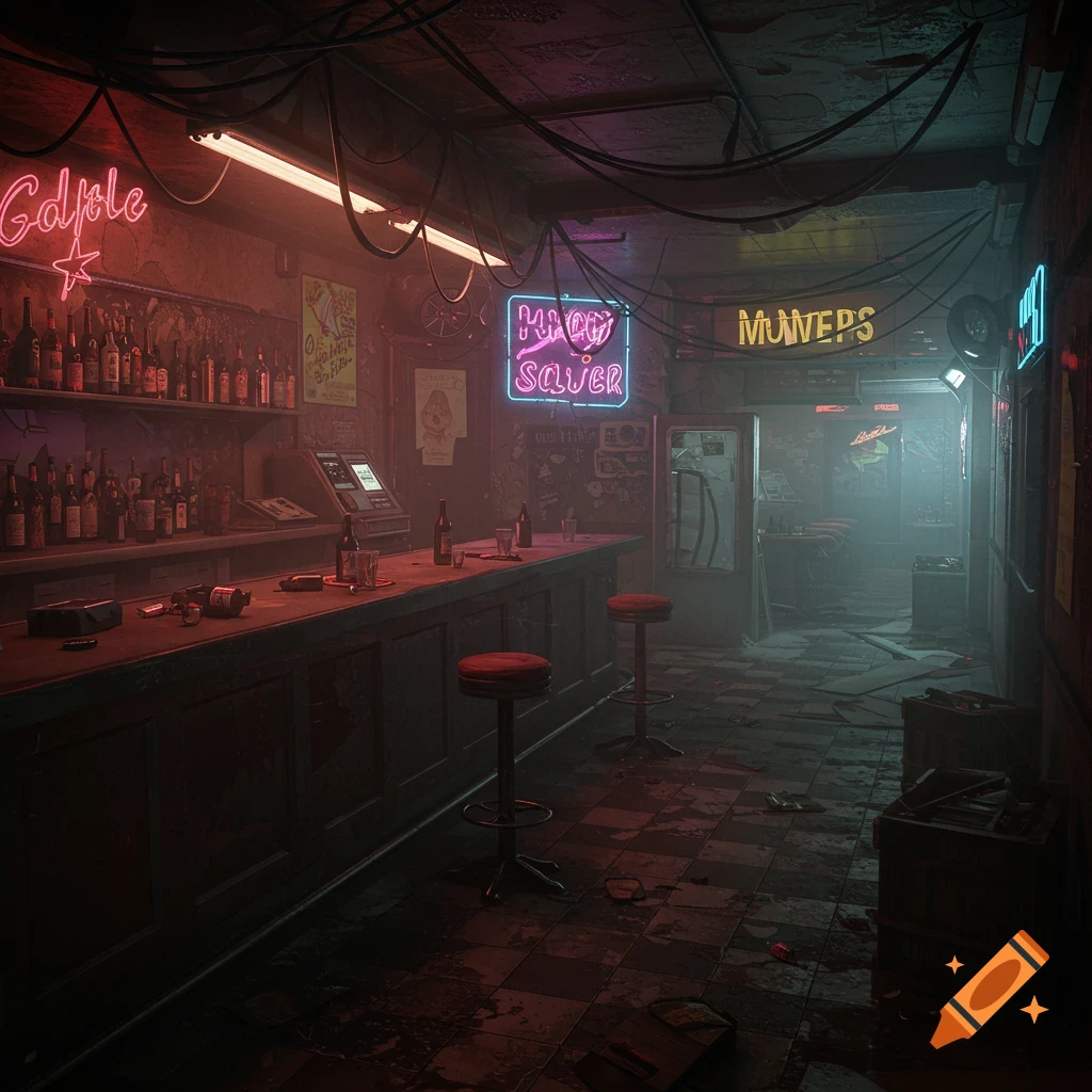 A dark, dingy cyberpunk bar interior with glowing neon signs and a long counter. The floor is tiled and dirty, and wires hang from the ceiling.