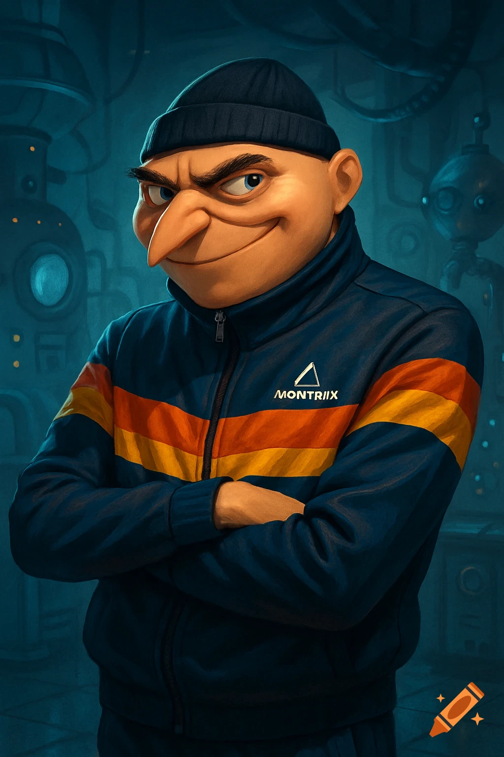 Animated character resembling Gru from Despicable Me, wearing a dark blue beanie and a blue track jacket with orange and yellow stripes, arms crossed, smirking.