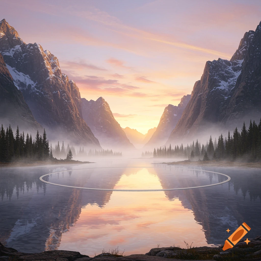 Photorealistic landscape of mountains surrounding a misty lake at sunrise with a large white ring on the water.