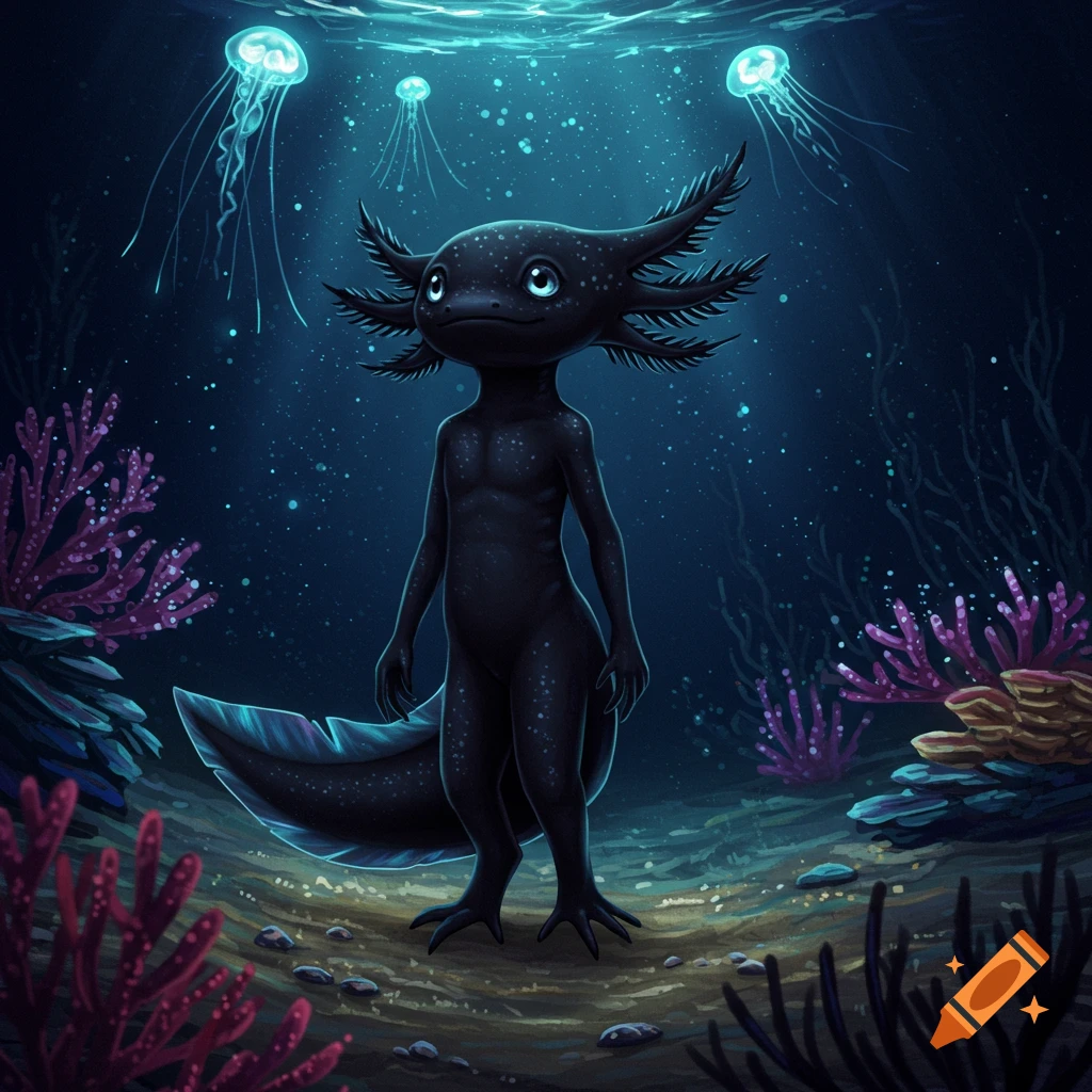 An anthropomorphic black axolotl stands on the seabed, surrounded by glowing jellyfish and vibrant coral in a dark underwater scene.