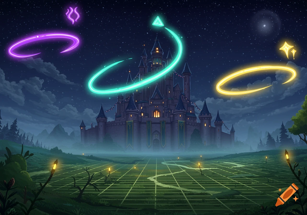 A fantasy castle at night with glowing magenta, cyan, and yellow arcs overhead, and a grid pattern on the misty green landscape.