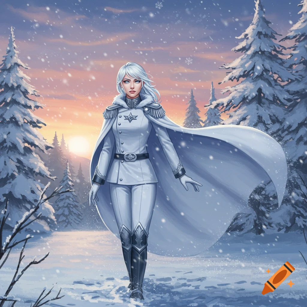 A woman with white hair in a white military uniform and cape walks through a snowy forest at sunrise.
