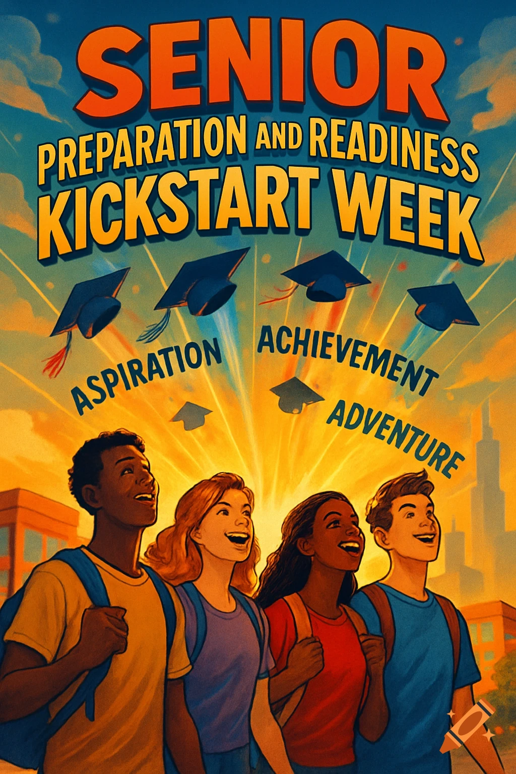 A vibrant poster showing four smiling students looking up at flying graduation caps and text 'Senior Preparation and Readiness Kickstart Week'.