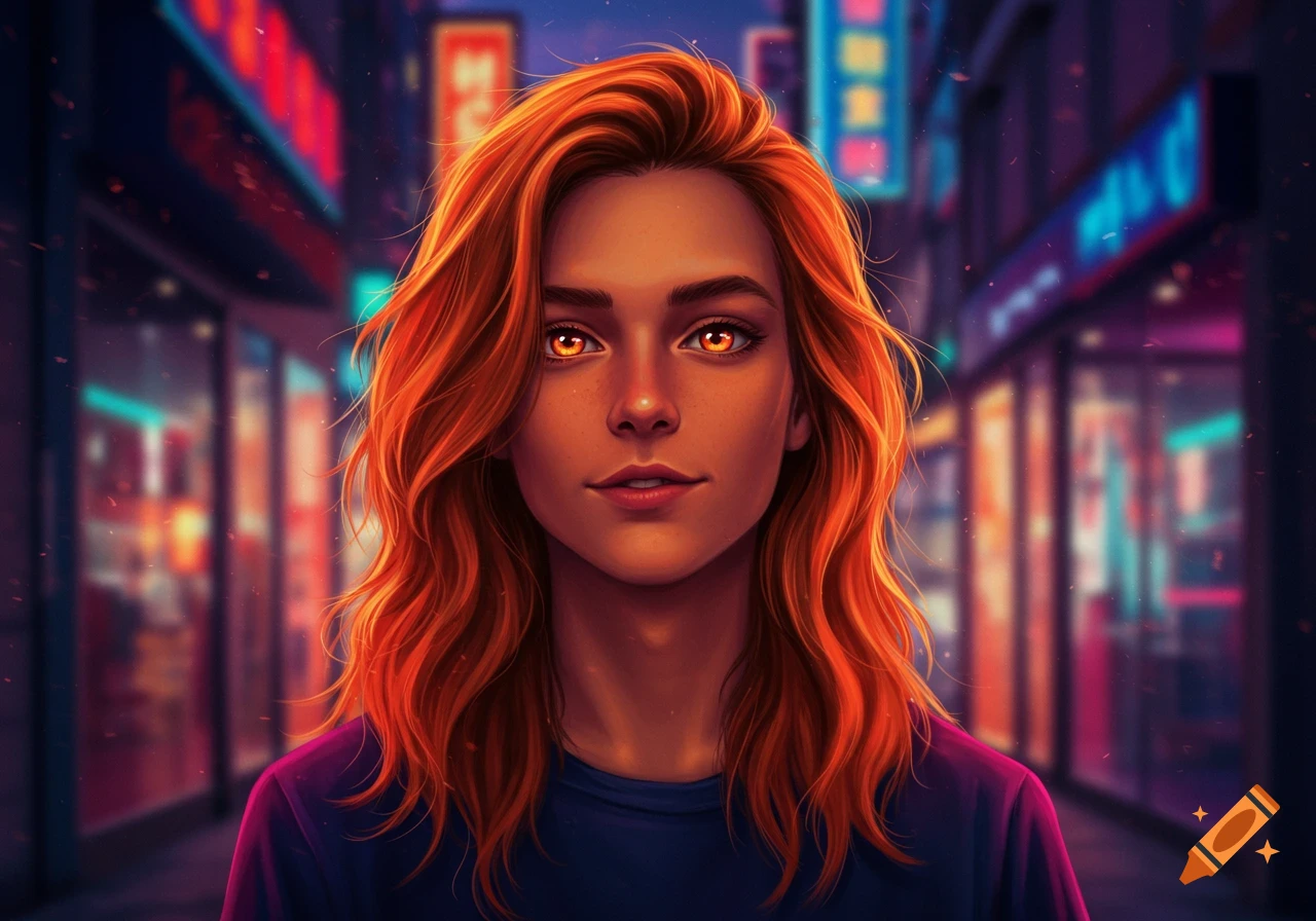 Close-up stylized portrait of a person with long orange hair and glowing orange eyes against a blurry neon city background.