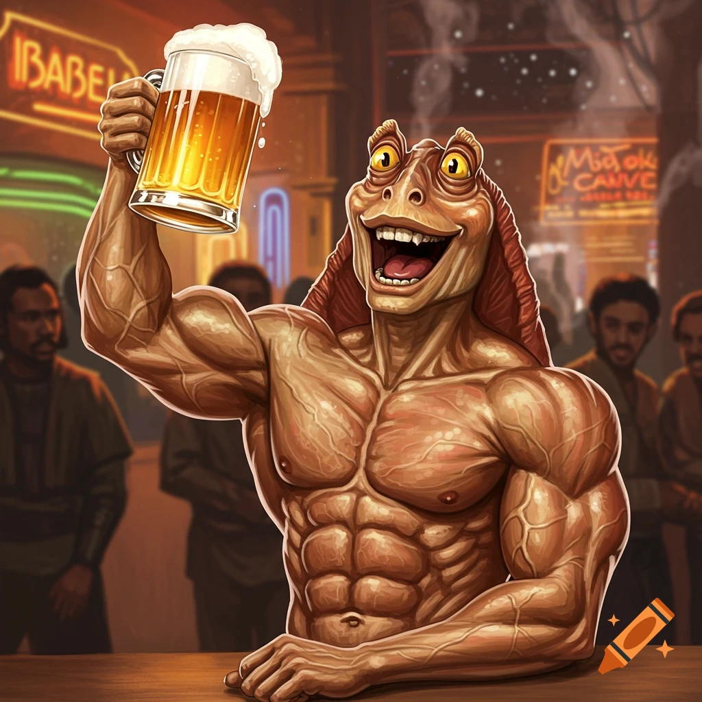 Muscular Jar Jar Binks cheering with a beer mug in a dimly lit cantina, in a cartoonish style.