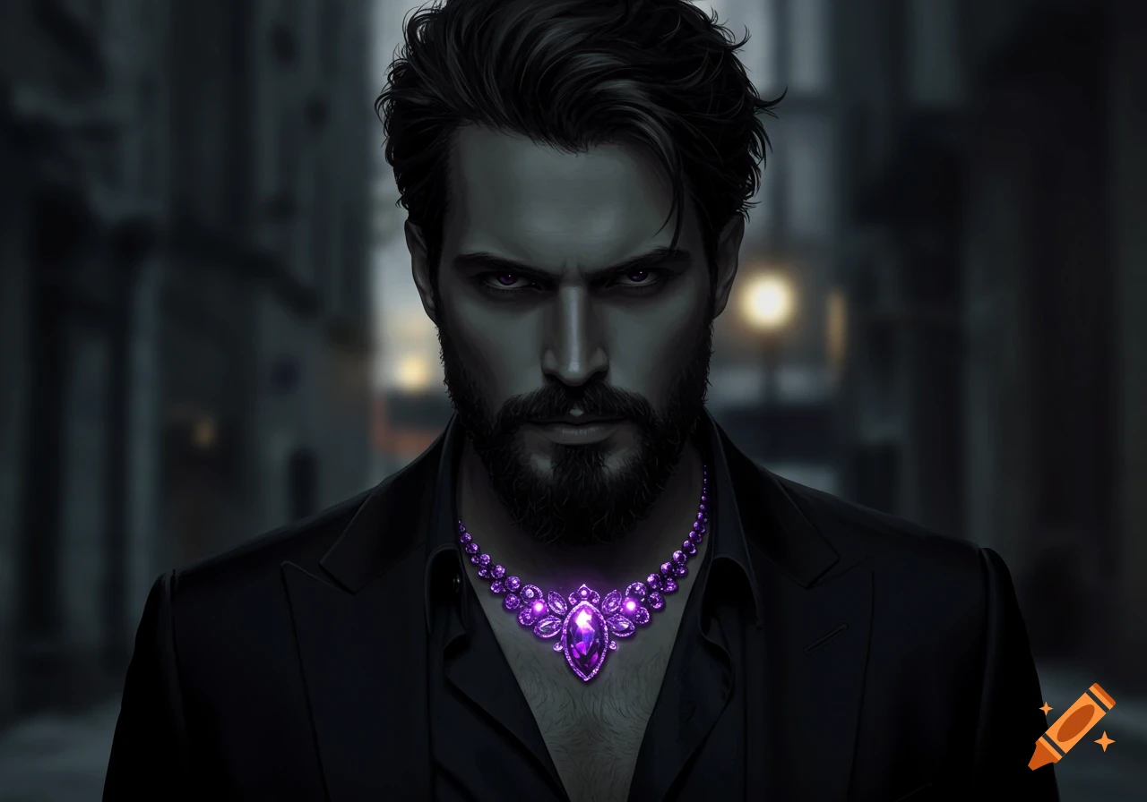 Dark, stylized portrait of a bearded man in a black suit, wearing a glowing purple gemstone necklace, with a stern expression.